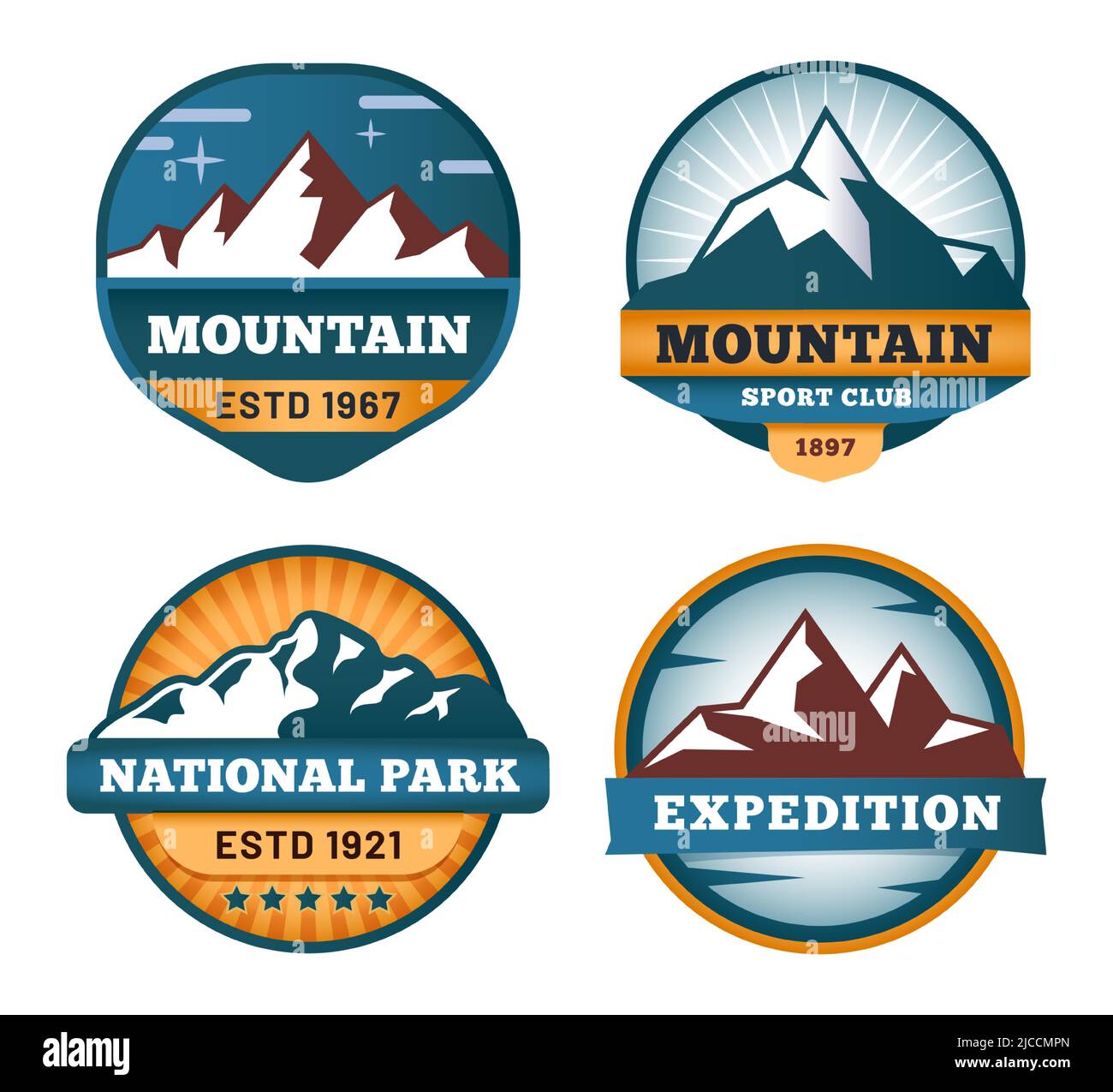 Etichette di montagna. Cime rocciose innevate, emblemi di avventure all'aperto. Badge per sport club o spedizioni. Escursioni nella fauna selvatica Illustrazione Vettoriale