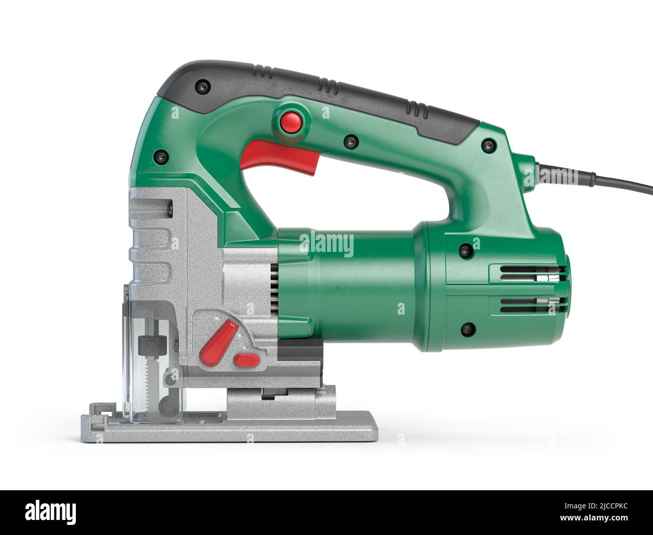 Seghetto alternativo elettrico isolato su bianco. Attrezzo elettrico per carpentiere. 3d illustrazione Foto Stock