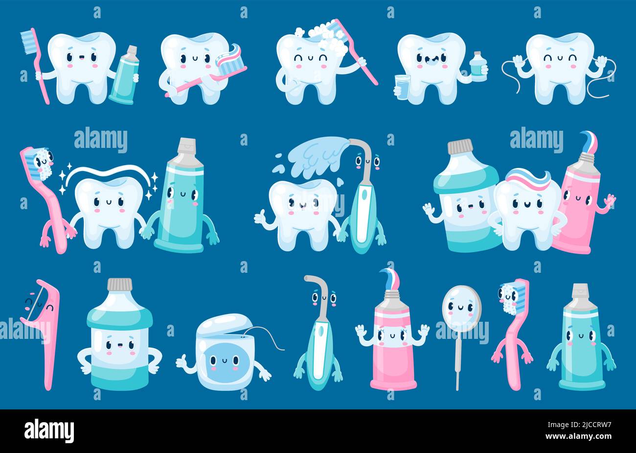 Personaggi per la cura dentale. Dentifricio dentifricio dentifricio filo interdentale cute cartoni animati per odontoiatria e manifesti pediatrici. Collutorio vettoriale e. Illustrazione Vettoriale