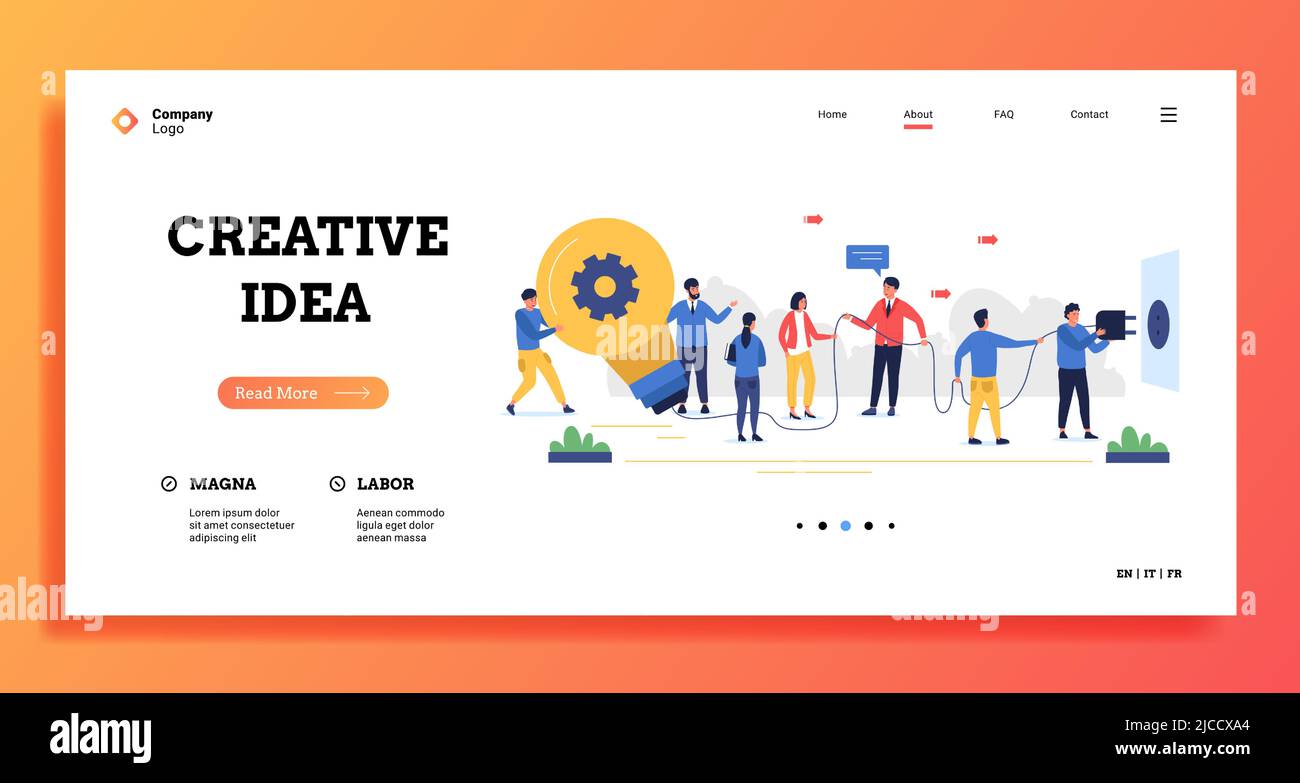 Atterraggio di idee creative. Modello di sito Web con gruppo di colleghi che lavorano insieme sul concetto di soluzione del problema. Illustrazione aziendale vettoriale Illustrazione Vettoriale
