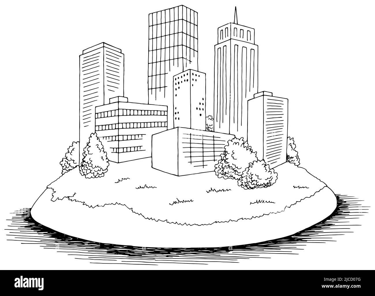Isola città grafica bianco nero isolato paesaggio disegno vettore illustrazione Illustrazione Vettoriale