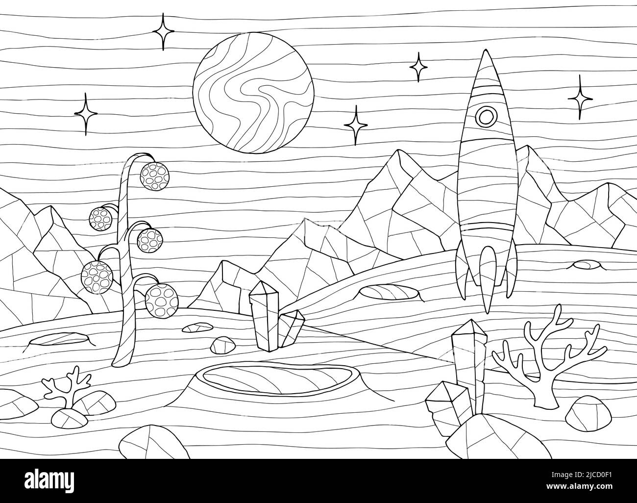 Alien planet coloring razzo sbarcato grafico bianco nero spazio paesaggio disegno vettore Illustrazione Vettoriale
