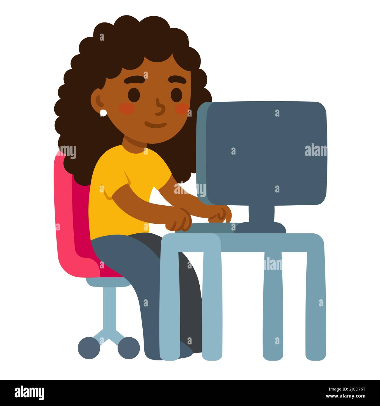 Personaggio che lavora sul computer alla scrivania dell'ufficio. Carino cartoon Black ragazza, studente o dipendente. Semplice illustrazione vettoriale in stile piatto. Illustrazione Vettoriale