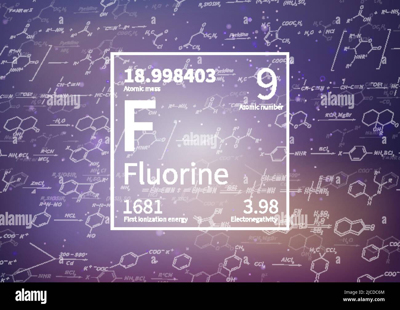 Elemento chimico del fluoro con prima energia di ionizzazione, massa atomica ed elettronegatività su sfondo scientifico Illustrazione Vettoriale