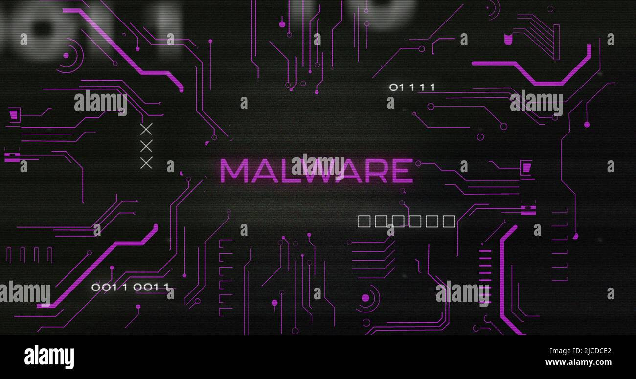 Immagine dell'interferenza su testo malware, elaborazione dati e scheda a circuito stampato del computer Foto Stock