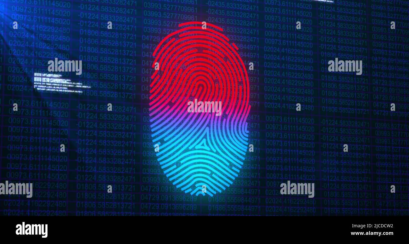 Immagine dell'impronta digitale e dell'elaborazione dei dati su sfondo nero Foto Stock