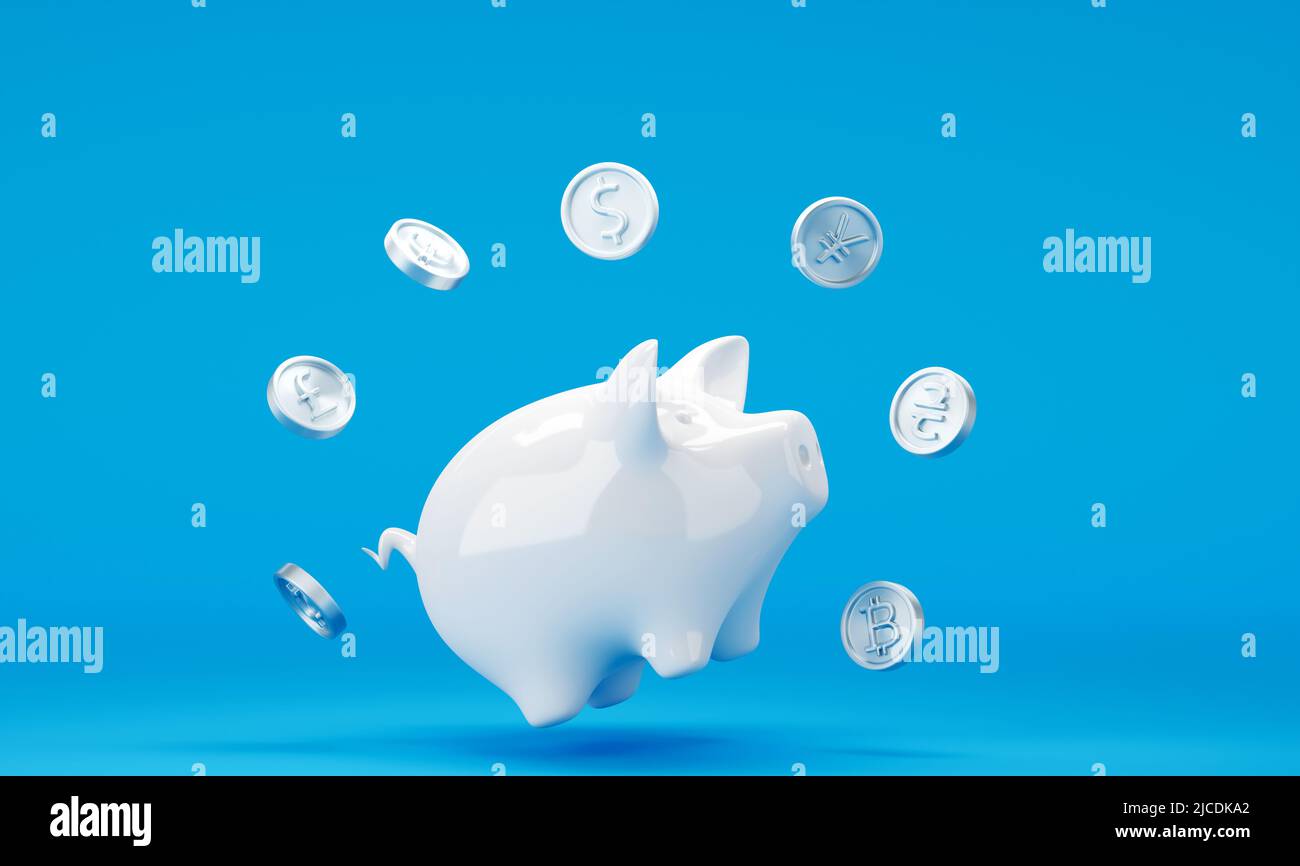 Banca bianca di Piggy con monete galleggianti di argento del dollaro su sfondo blu Foto Stock