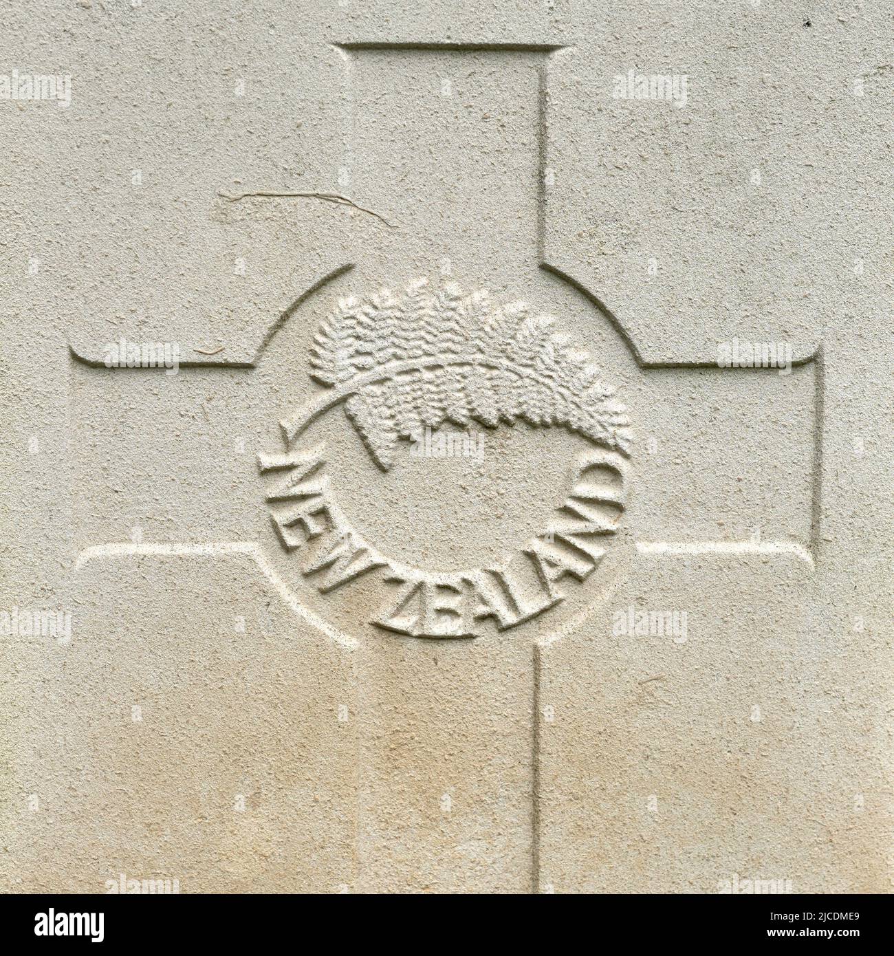 Insignia militare del WW2 - la Fern d'argento per i soldati dell'Esercito neozelandese su una lapide di un soldato Foto Stock