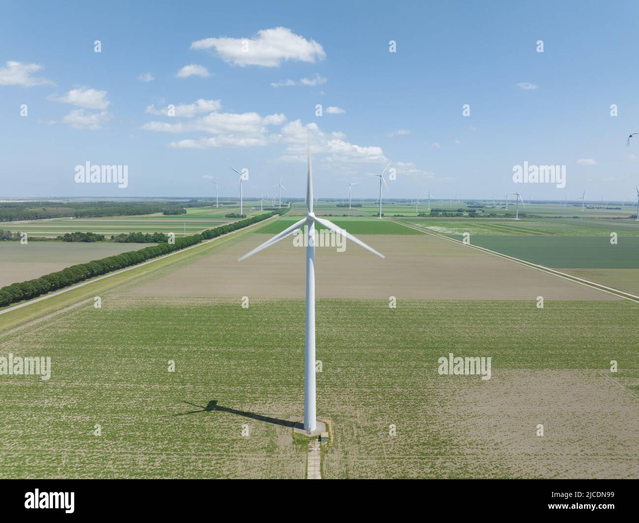 Sistema di turbine eoliche generazione di energia sostenibile in un parco eolico in campagna. Infrastrutture di produzione di energia rinnovabile pulite e verdi. Foto Stock