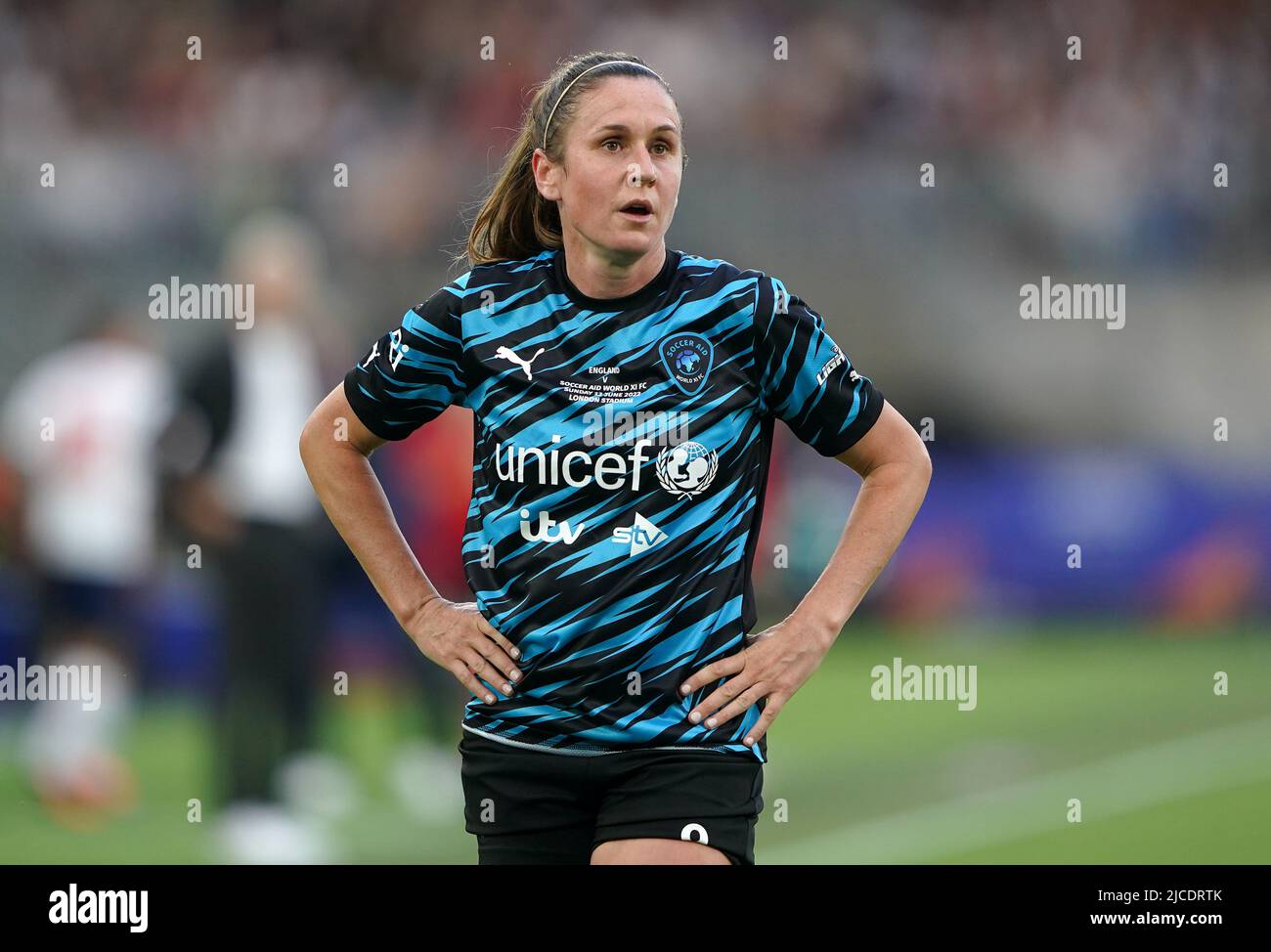 Heather o'Reilly del resto del mondo XI durante la partita dell'UNICEF al London Stadium di Londra. Data foto: Domenica 12 giugno 2022. Foto Stock