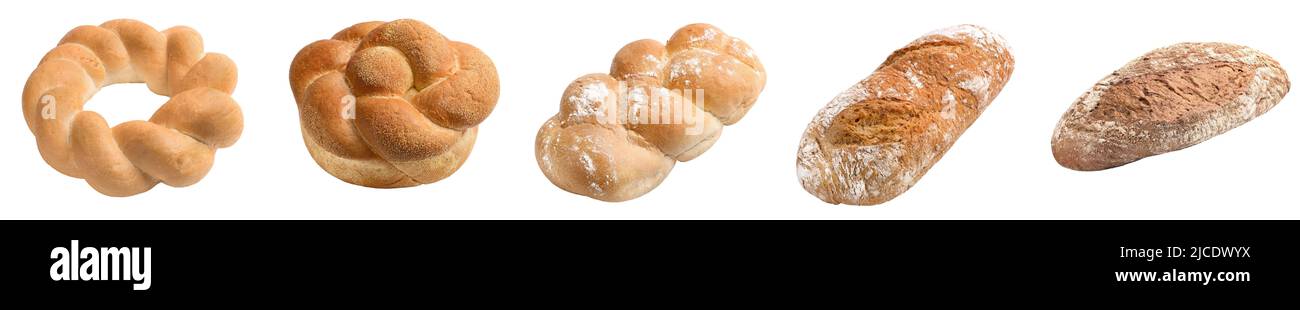 Sfida rotonda, pane bianco intrecciato a forma di anello, isolato su sfondo bianco. Foto Stock