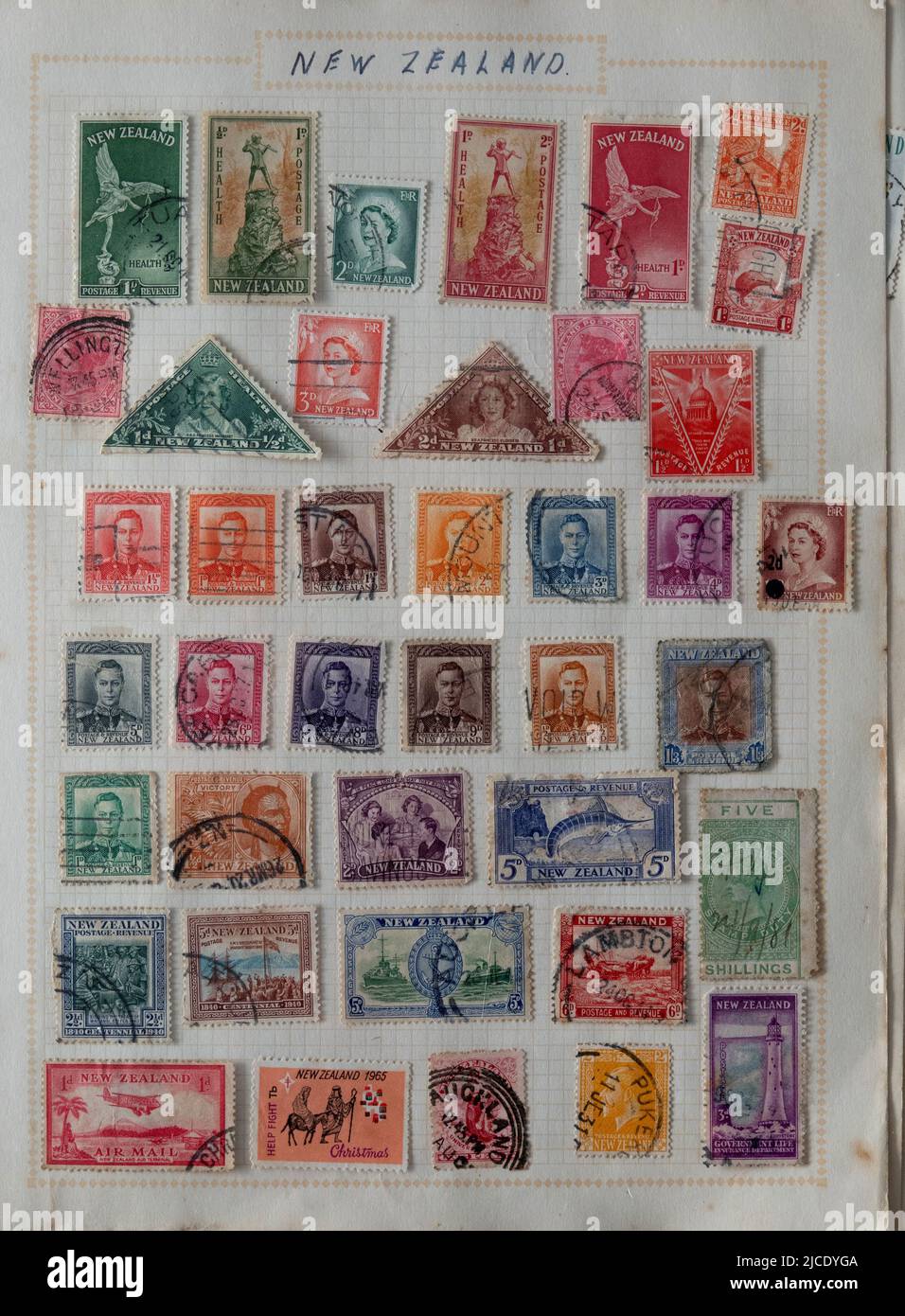 Pagina dei francobolli storici della Nuova Zelanda Foto Stock