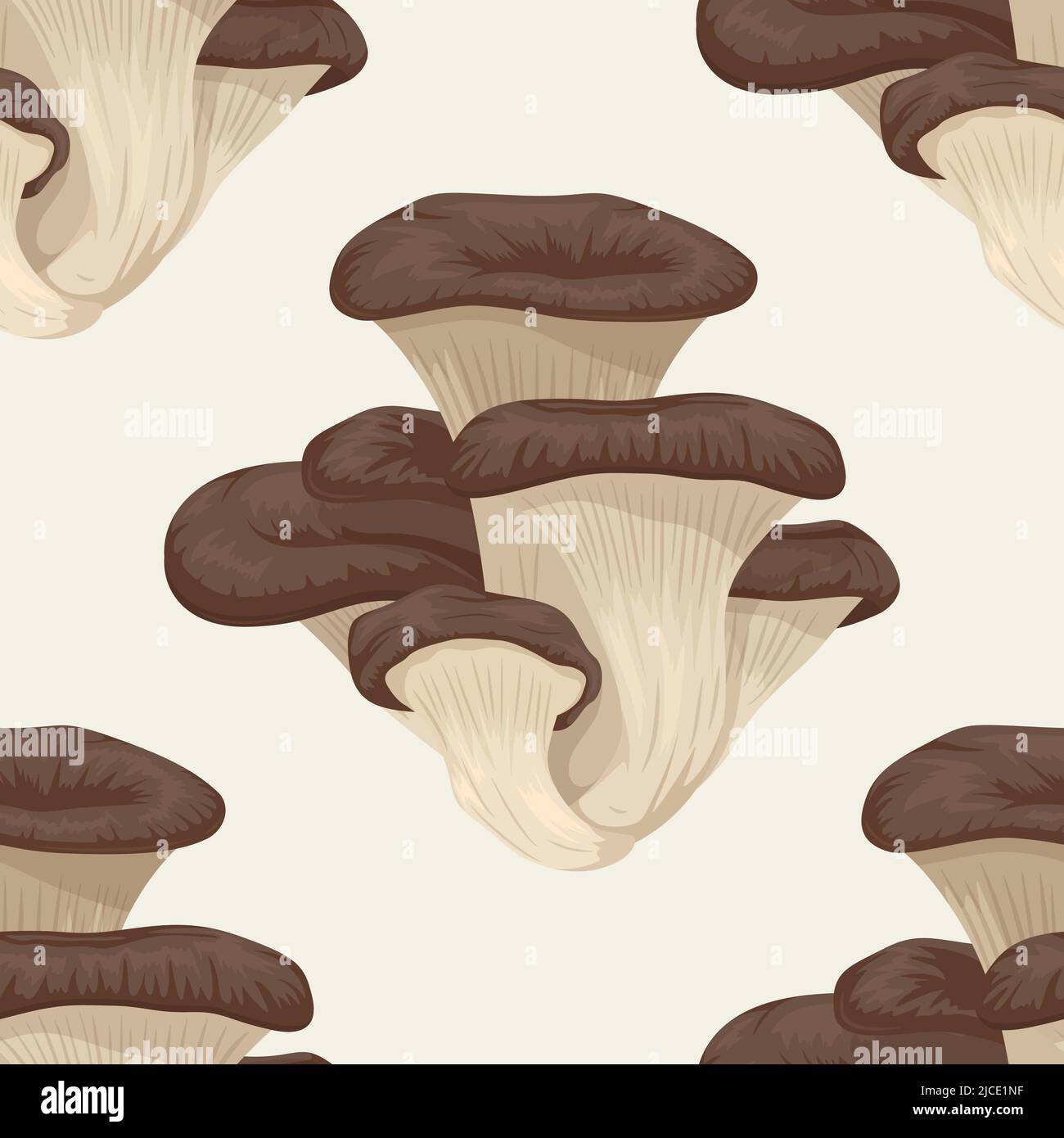 Vector Seamless Pattern con funghi Oyster su bianco. Texture senza giunture, cartoon Oyster disegnato a mano Mushrooms Bush. Modello di disegno per tessile, parete Illustrazione Vettoriale