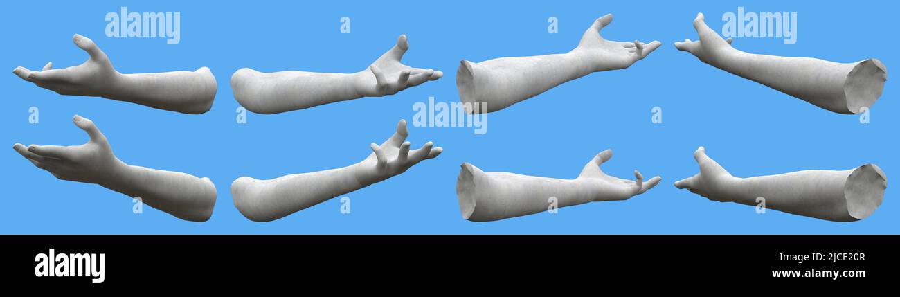 8 statue bianche in cemento mano rende isolato su blu, luci e ombre distribuzione esempio per artisti o pittori - illustrazione 3d di oggetto Foto Stock