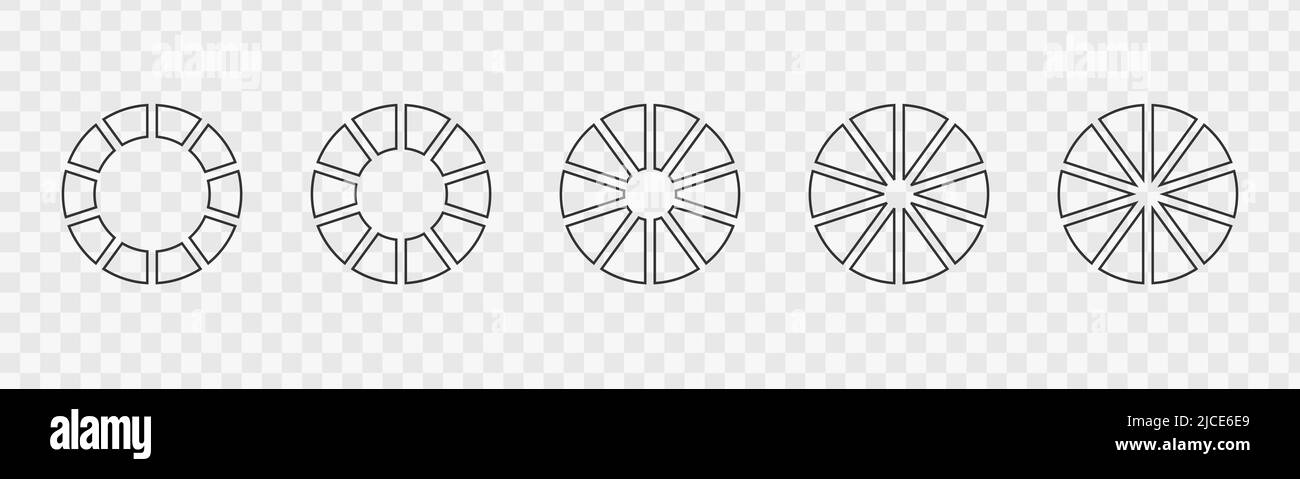 Set di cartine o torte a contorno divise in 10 parti uguali. Ruote infografiche separate su dieci segmenti. Diagrammi circolari isolati su sfondo trasparente. Illustrazione del contorno vettoriale Illustrazione Vettoriale