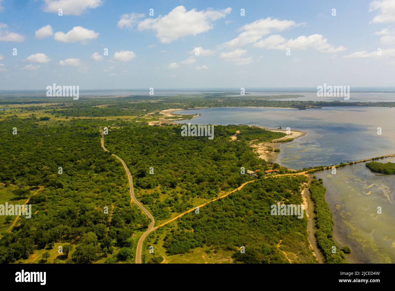 Vista dall'alto della costa con lagune e insenature in Sri Lanka. Foto Stock