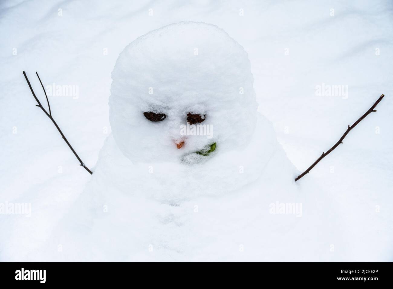 snowman si è sciolto in modo particolare contro uno sfondo di neve Foto Stock