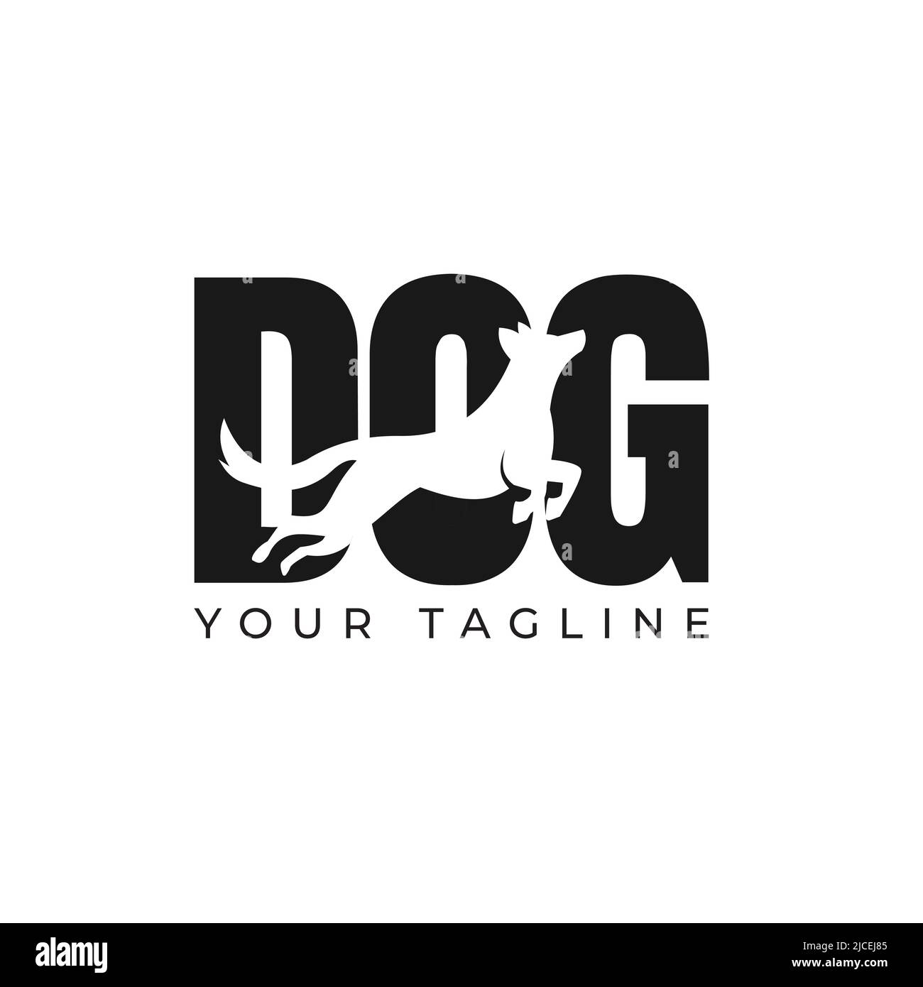 Silhouette di un cane che salta isolato su sfondo bianco. Disegno vettoriale testo del cane Illustrazione Vettoriale