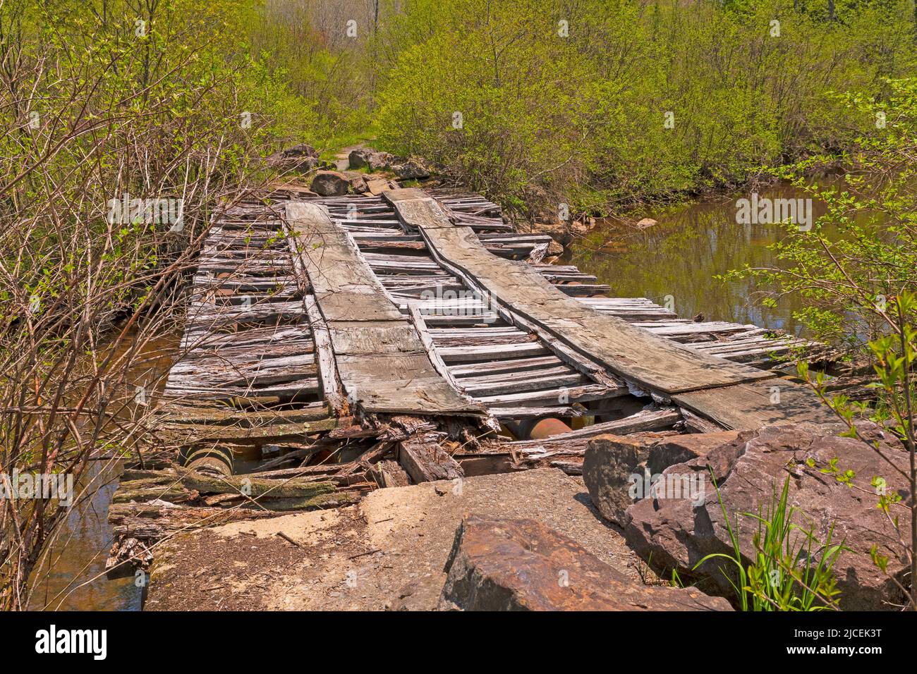 Ponte in necessità di riparazione sul fiume Blackwater nel Canaan Valley National Wildlife Refuge Foto Stock