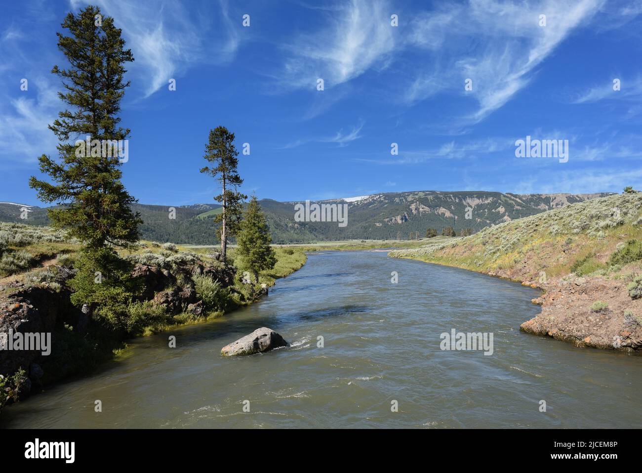 Il fiume Lamar è un affluente del fiume Yellowstone, lungo circa 40 miglia, nel Wyoming nord-occidentale. Foto Stock