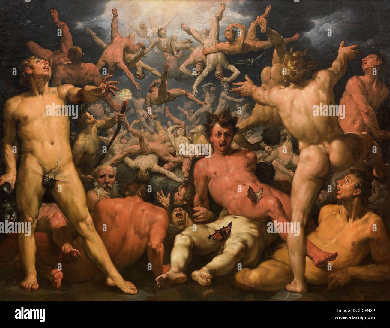 La caduta dei Titani è un dipinto ad olio del Titanomachy del pittore olandese Cornelis van Haarlem (1596–1598). Nella mitologia greca i titani furono il primo pantheon degli dei prima che furono rovesciati dagli Olimpi, guidati dal figlio di Cronos Zeus. Foto Stock