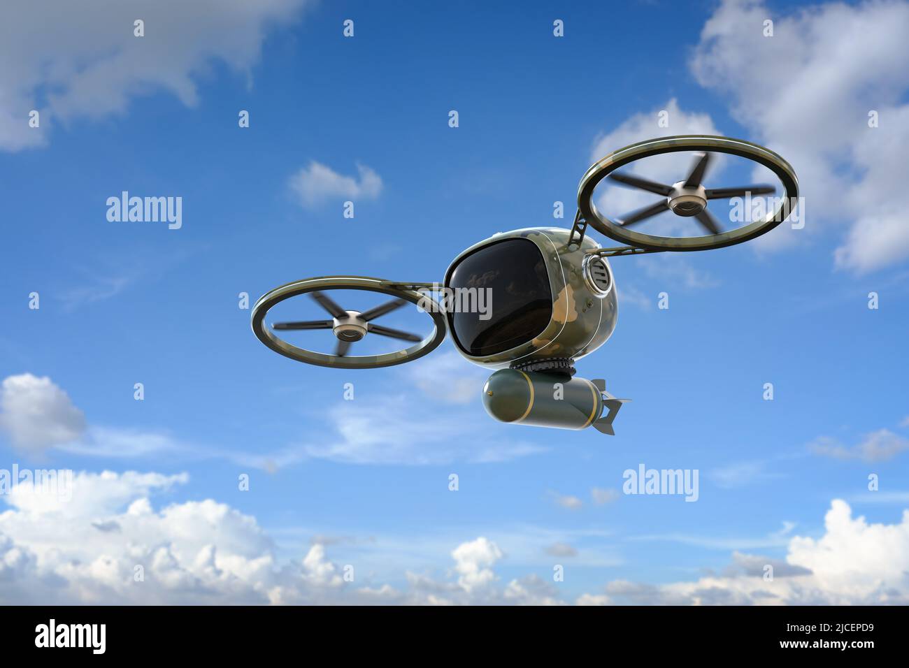 3d rendering militare drone o camuffamento robot con missile volare nel cielo blu Foto Stock