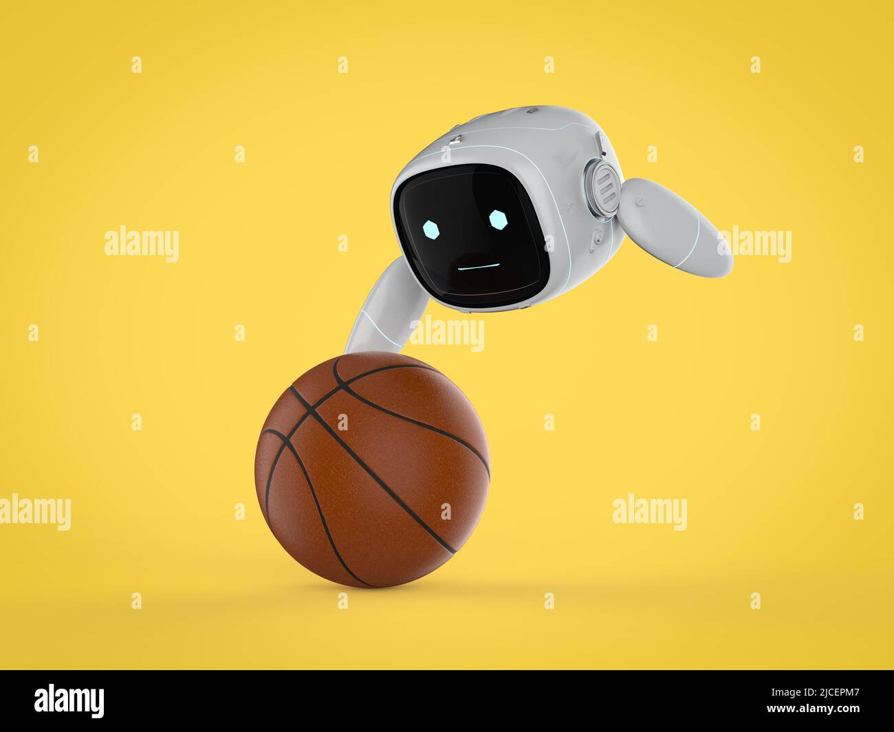 3d rendering carino assistente di intelligenza artificiale robot no leg con cartoon personaggio giocare basket Foto Stock