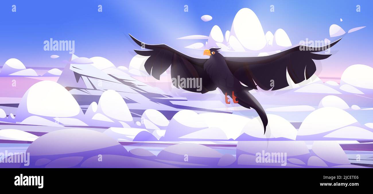 Il corvo nero vola sopra le alte montagne e le nuvole. Vettore cartoon illustrazione di rocce picco paesaggio con neve, ghiaccio, nuvole morbide e corvo volante, uccello selvatico con ali sparse Illustrazione Vettoriale