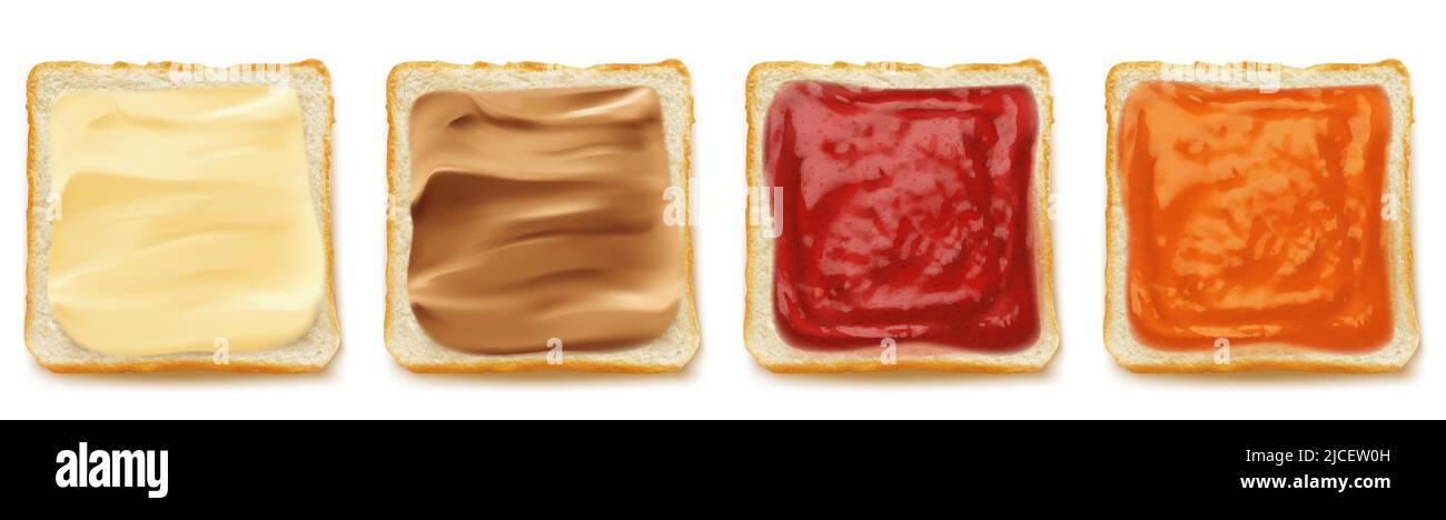 Fette quadrate di pane per sandwich o toast con burro di arachidi o margarina, marmellata o marmellata 3D isolato vettore set illustrazione realistica, vista dall'alto, cibo tradizionale per la colazione su sfondo bianco. Illustrazione Vettoriale