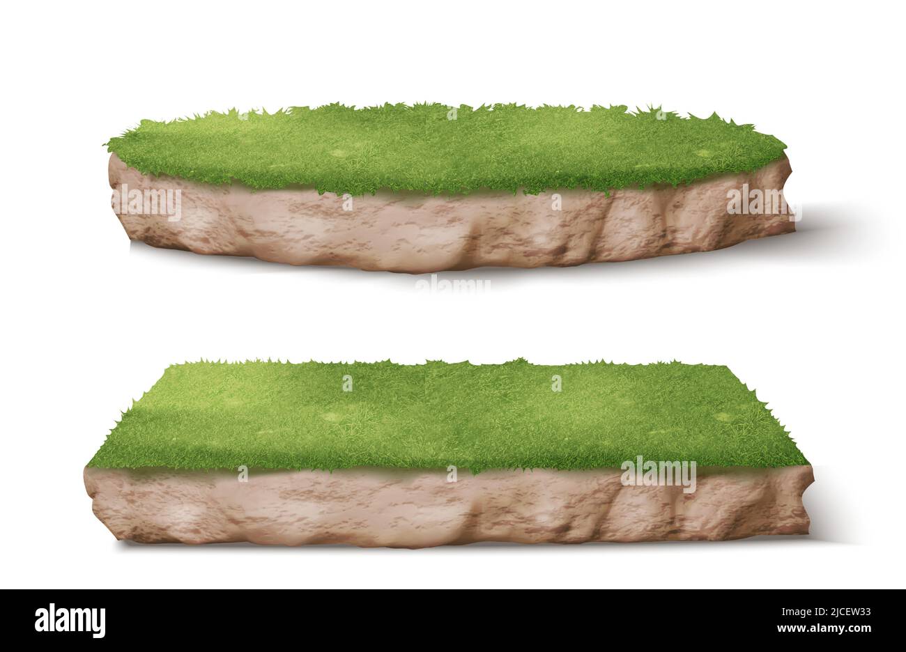Terra pezzi con erba verde realistico illustrazione vettoriale. Parco o giardino ornato rotondo e quadrato con terreno e piante, vista in prospettiva isolato su sfondo bianco Illustrazione Vettoriale