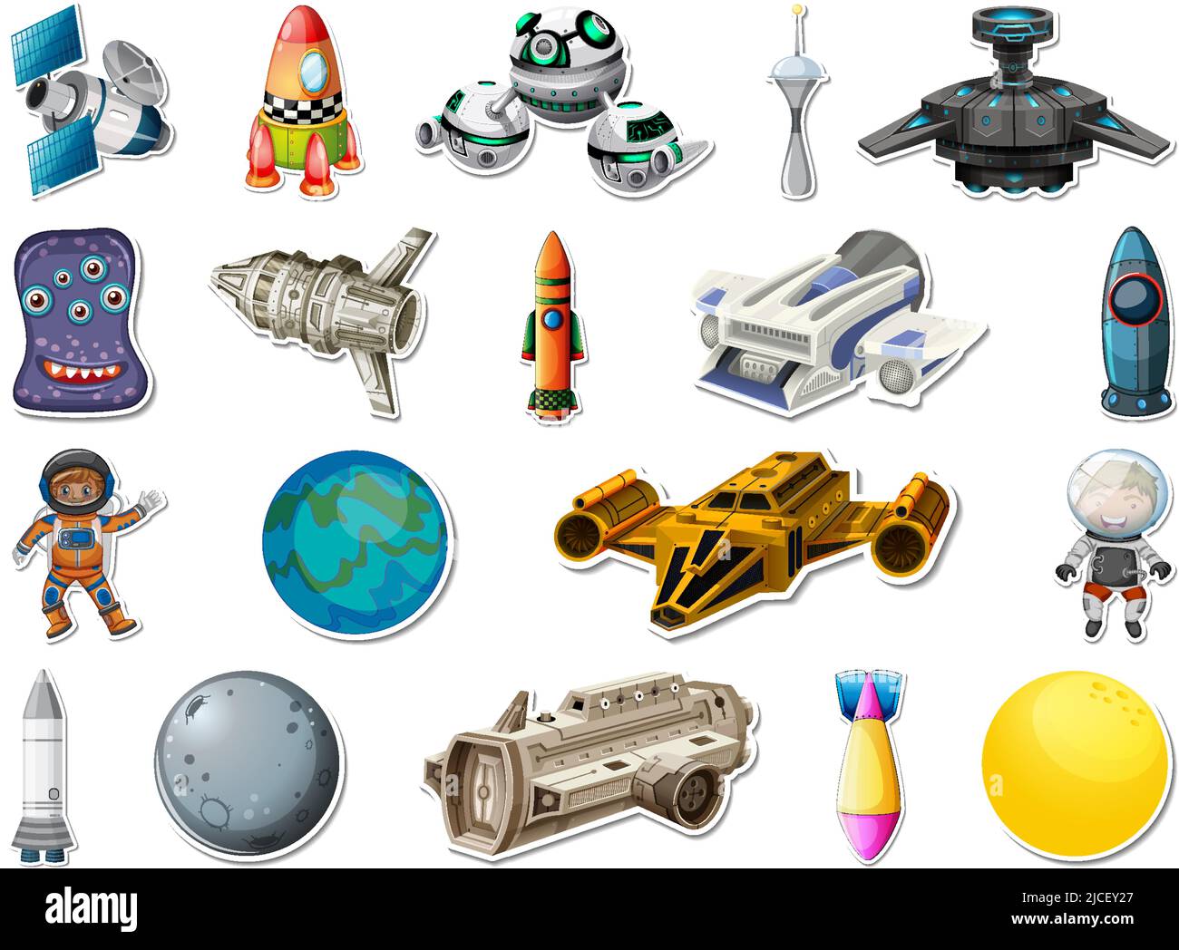 Set di adesivi per gli oggetti dello spazio esterno e illustrazione degli astronauti Illustrazione Vettoriale