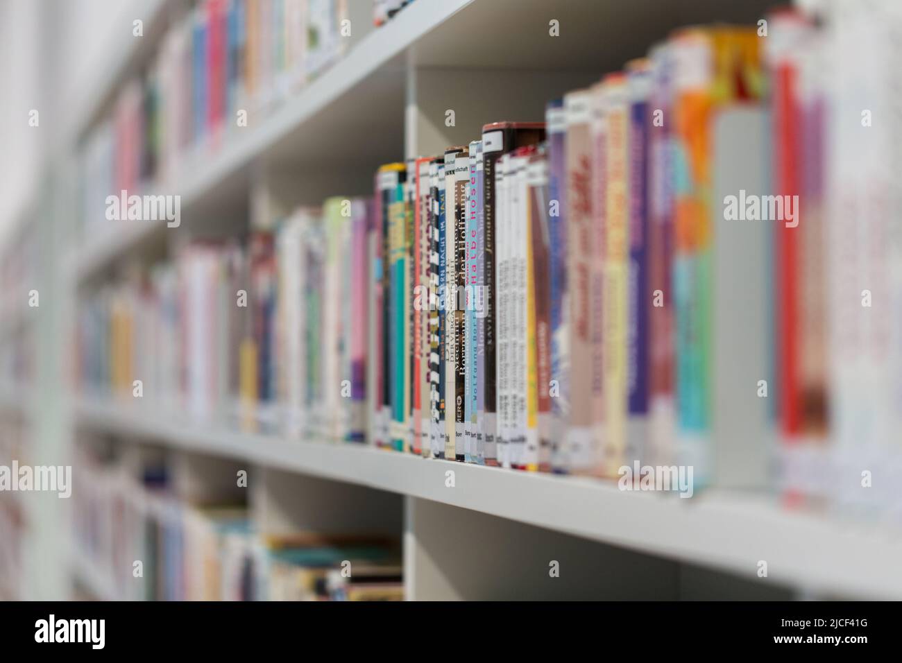 Stoccarda, Germania - 16 novembre 2021: Primo piano dei libri in una libreria. Simbolo per la lettura, la letteratura, le conoscenze e le informazioni. Vista laterale, Foto Stock