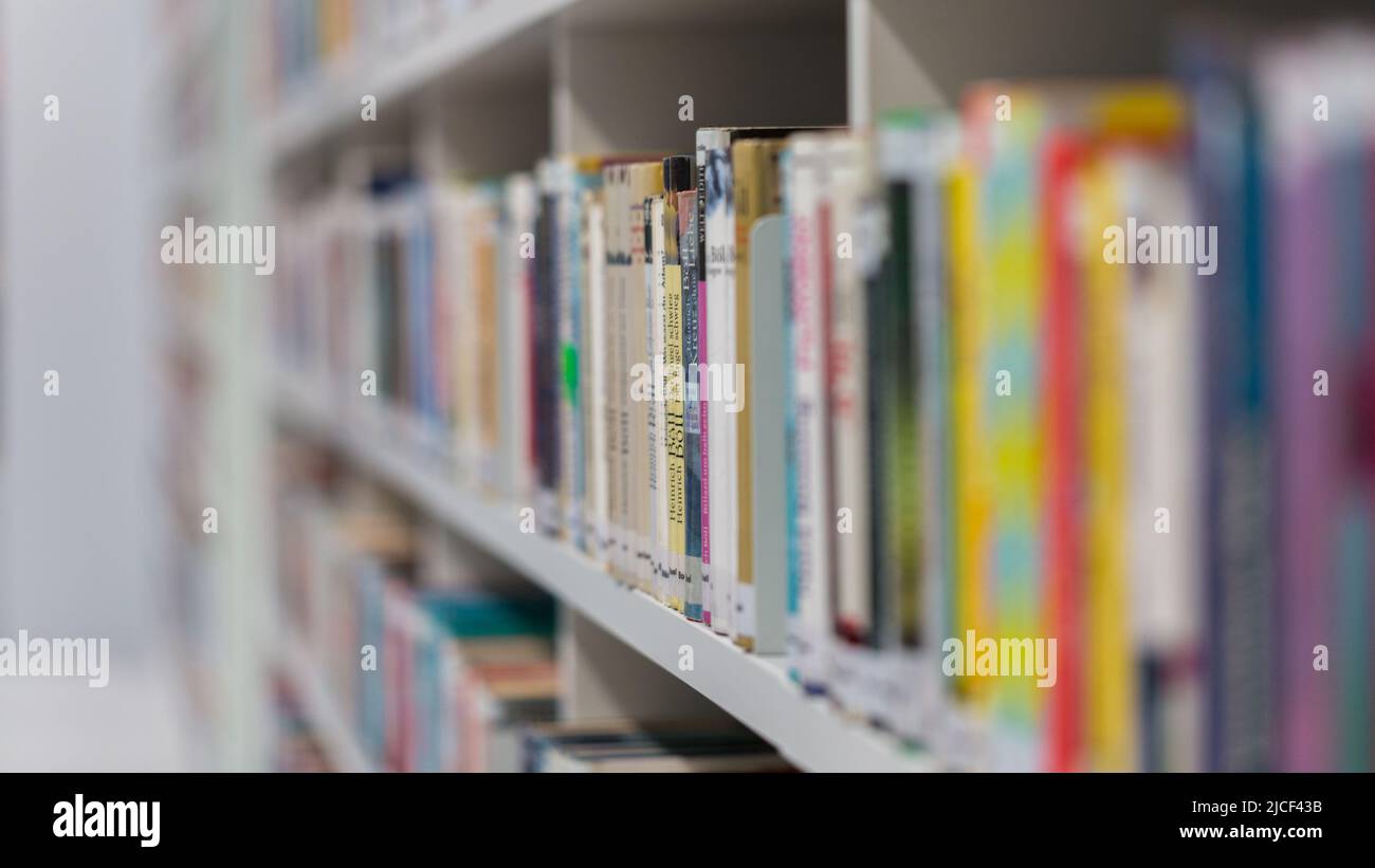 Stoccarda, Germania - Nov 16, 2021: Vista laterale sui libri in una libreria. All'interno di una biblioteca pubblica. Simbolo per la lettura e la letteratura. Foto Stock
