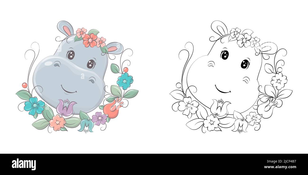 Hippo Clipart multicolore e Bianco e Nero. Bella clip Art Hippopotamus con bouquet di fiori. Illustrazione vettoriale di un animale per stampe per Illustrazione Vettoriale