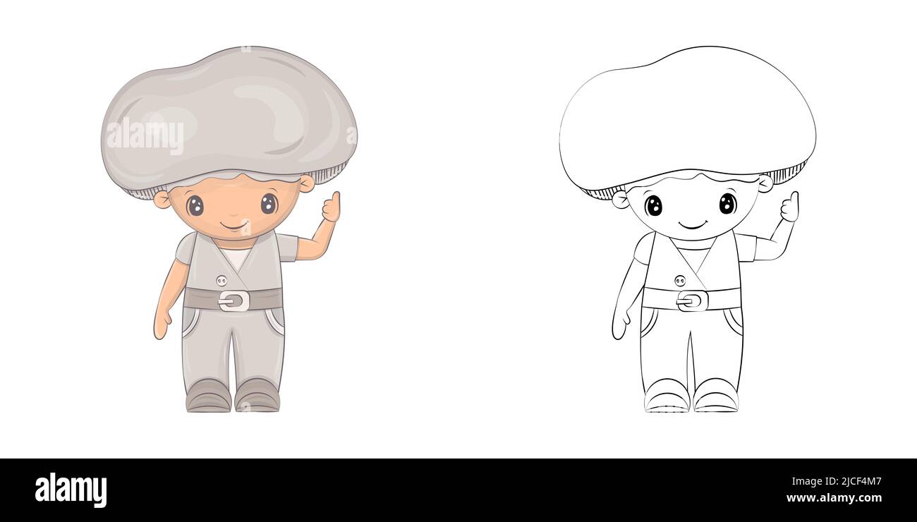 Clipart a fungo per pagina da colorare e illustrazione multicolore. Adorabile clip Art Mushroom. Illustrazione vettoriale di un carattere per pagine da colorare Illustrazione Vettoriale