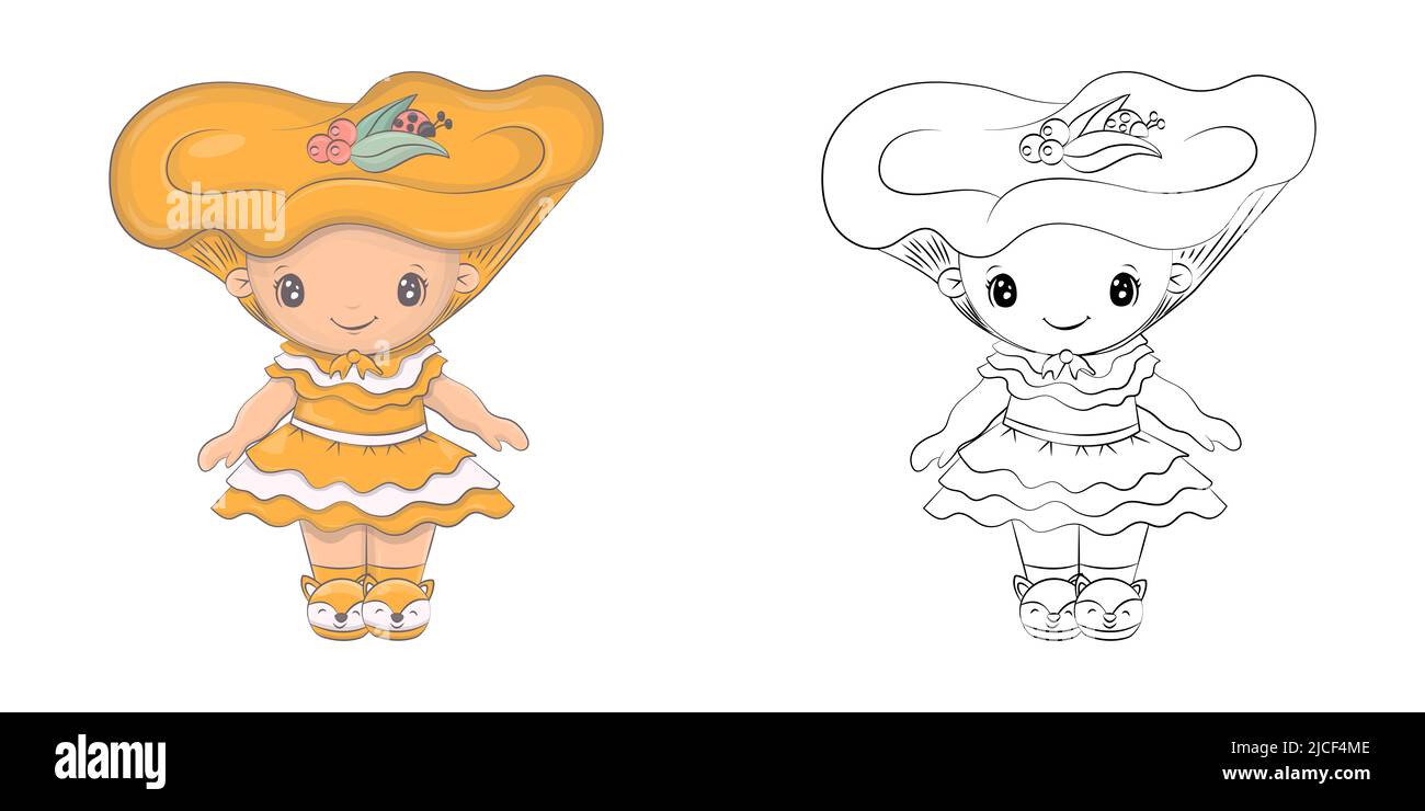 Clipart Mushroom multicolore e Bianco e Nero. Cute clip Art Mushroom. Illustrazione vettoriale di un personaggio per Stickers, Baby Shower, colorazione Illustrazione Vettoriale