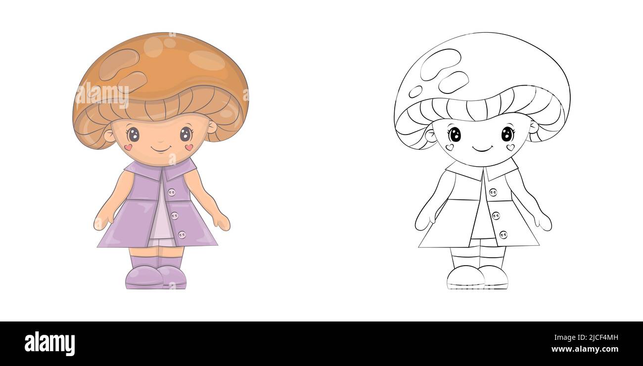 Carino illustrazione di Mushroom Clipart e bianco e nero. Divertente clip Art Mushroom. Illustrazione vettoriale di un carattere per pagine da colorare, adesivi Illustrazione Vettoriale