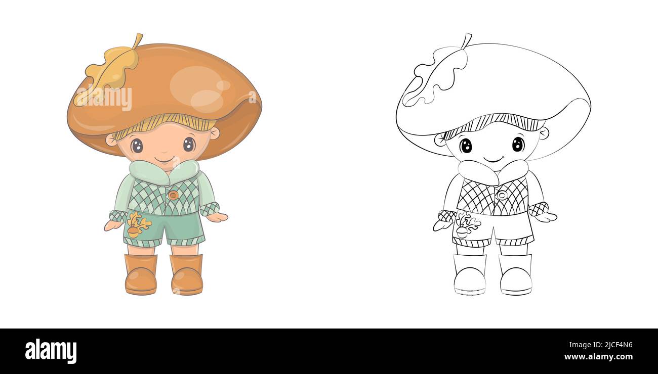 Mushroom Clipart multicolore e bianco e nero. Bella clip Art Mushroom. Illustrazione vettoriale di un carattere per stampe di vestiti, adesivi Illustrazione Vettoriale