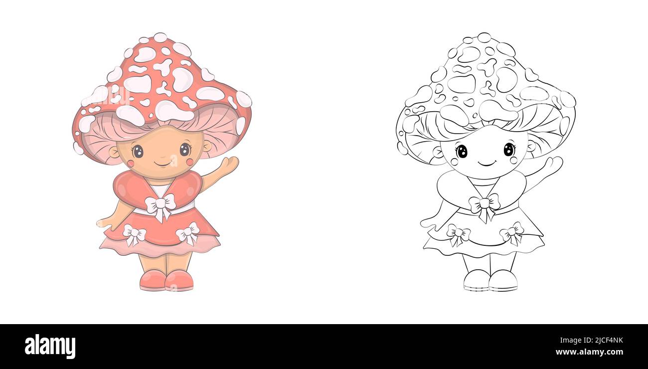 Cute Clipart Mushroom Illustrazione e per colorazione pagina. Cartoon clip Art Mushroom. Illustrazione vettoriale di un personaggio per Stickers, Baby Shower Illustrazione Vettoriale