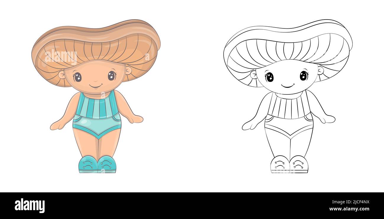 Cute Mushroom Clipart per colorare pagina e illustrazione. Happy clip Art Mushroom. Illustrazione vettoriale di un carattere per adesivi, stampe per Illustrazione Vettoriale