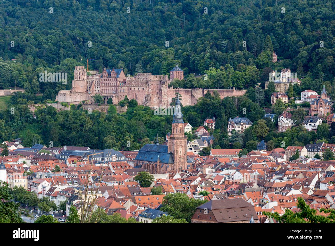 Heidelberg, Germania - 26 agosto 2021: Paesaggio urbano di Heidelberg con il Palazzo Heidelberg e la Chiesa dello Spirito Santo. Foto Stock