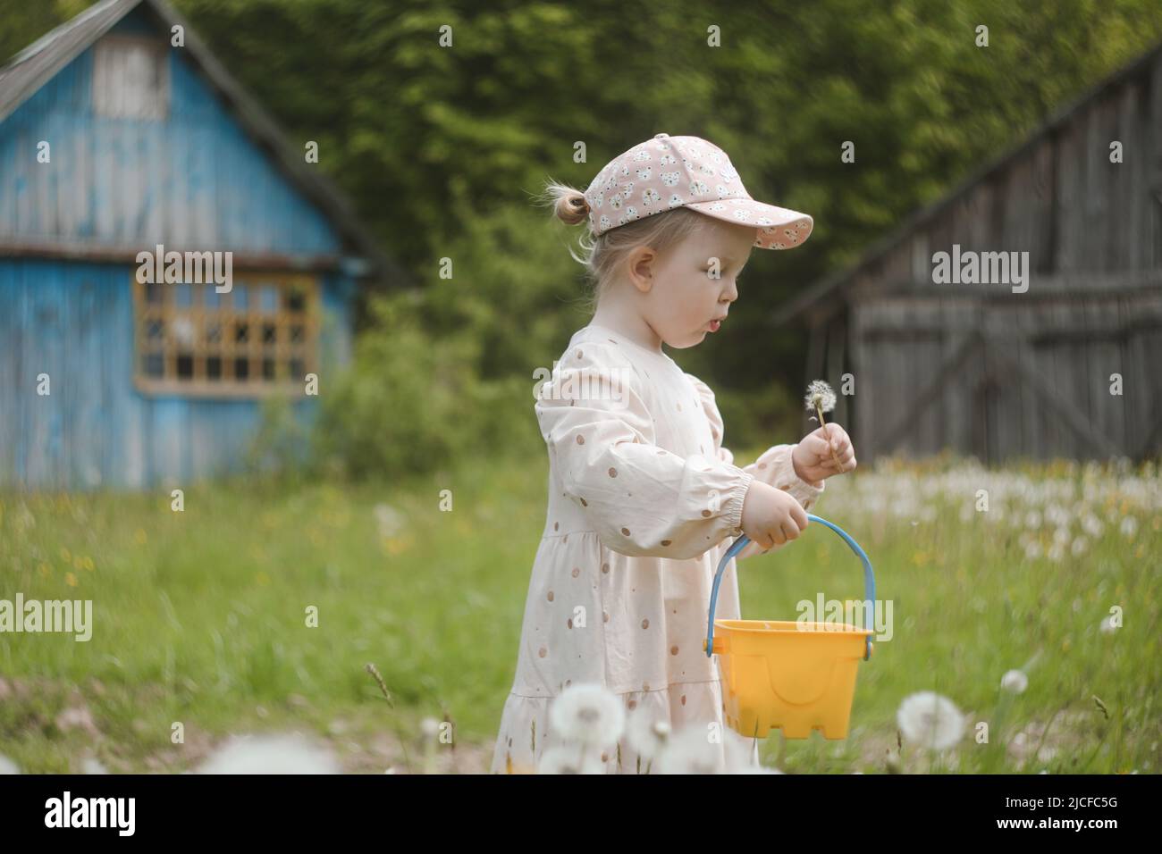 Bellissimo bambino con fiori di dente di leone nel parco in estate. Bambino felice divertirsi all'aperto. Foto Stock