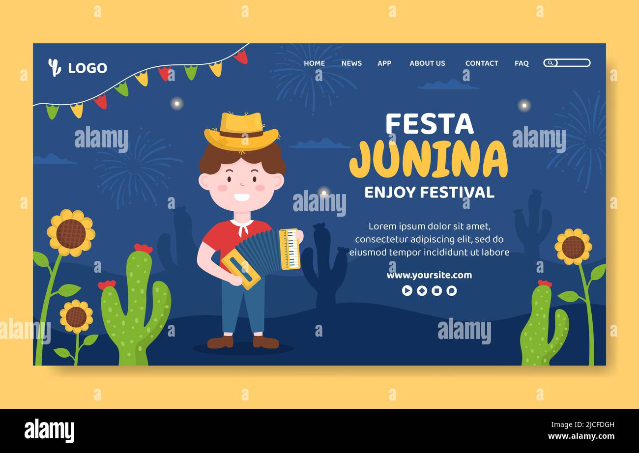 Festa Junina Festival Landing Page Template Social Media Flat Cartoon background Vector Illustration Illustrazione Vettoriale