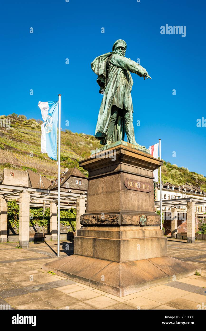 Il monumento di Blücher a Kaub, commemora il maresciallo Blücher le cui truppe attraversavano il Reno della vigna la vigilia di Capodanno 1813/1814 al Castello di Pfalzgrafenstein con l'aiuto di un ponte di pontoni eretto Foto Stock