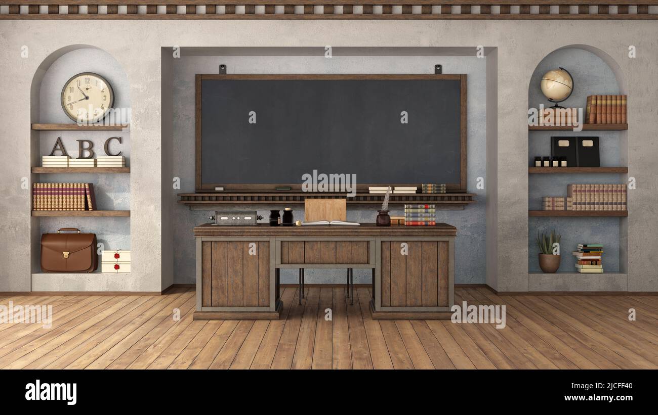 Aula retrò vuota con lavagna e scrivania per insegnanti con due nicchie con oggetti scuola - 3D rendering Foto Stock