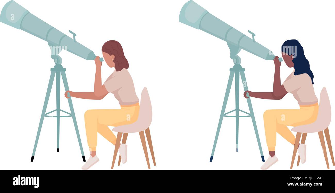 Astronomisti con potenti telescopi semi-flat colore vettore caratteri set Illustrazione Vettoriale