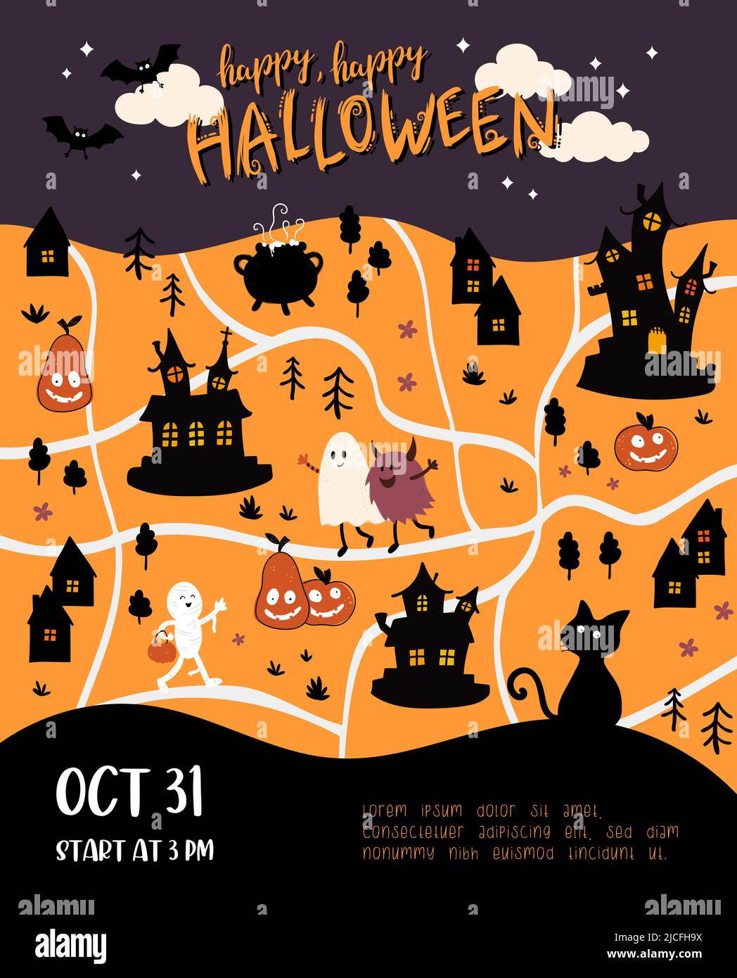 Carino disegno di Halloween a mano con case creepy, vestiti i capretti e decorazione, grande per tessuti, striscioni, sfondi, imballaggio - disegno vettoriale Illustrazione Vettoriale