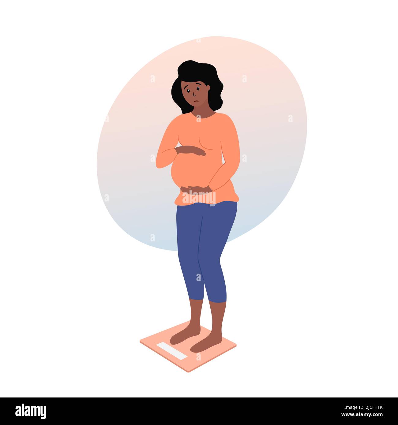 Donna incinta in piedi su bilance e controllo del peso. Gravidanza aumento  di peso. Infelice futura madre afroamericana. Illustrazione vettoriale  piatta Immagine e Vettoriale - Alamy