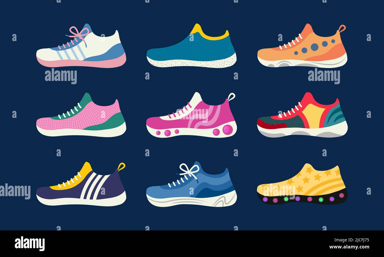 Sneakers isolate. Set vettoriale di calzature sportive. Scarpe colorate per il fitness e l'attività quotidiana. Illustrazione di un oggetto piatto. Illustrazione Vettoriale