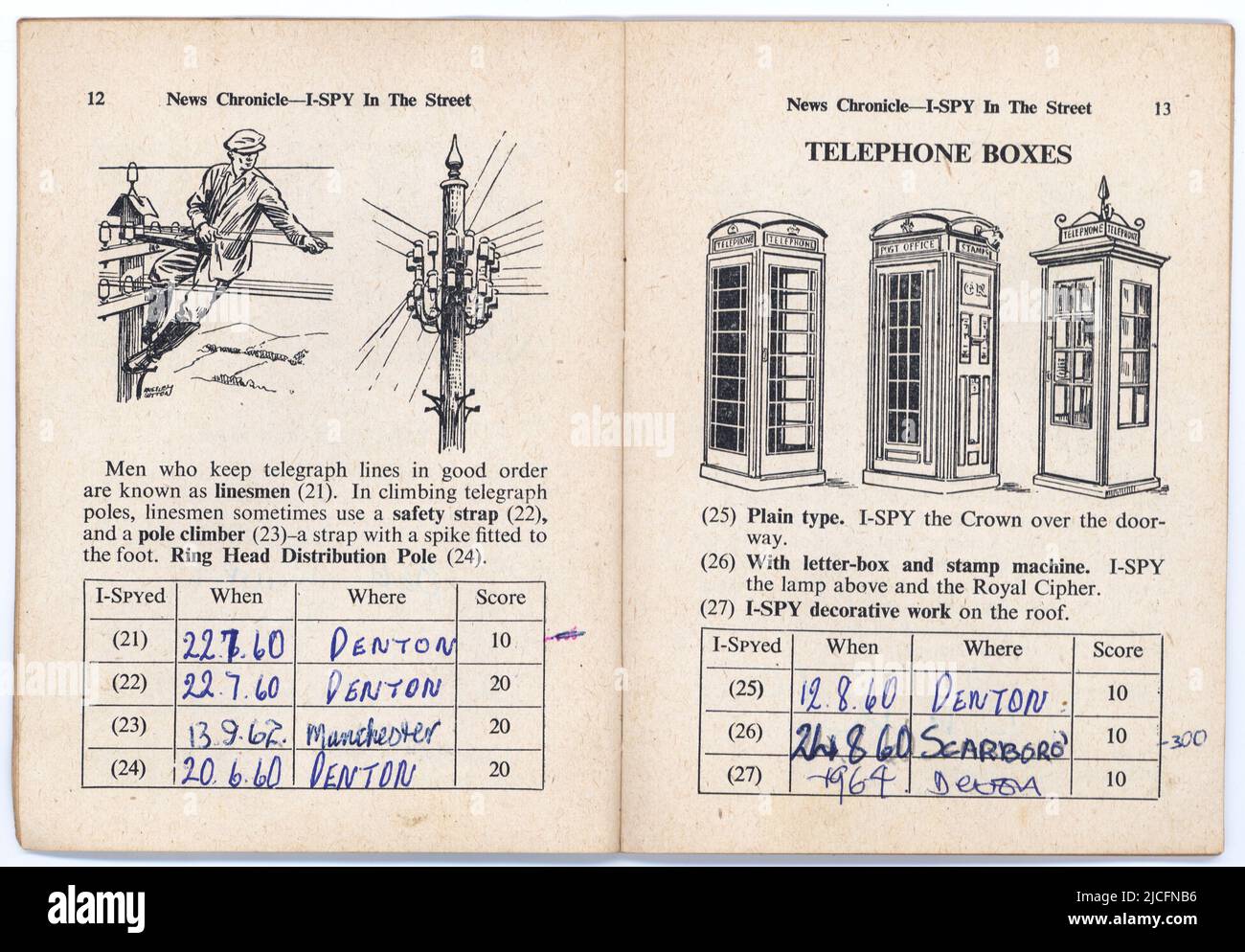 2 pagine aperte di i-Spy in the Street book (i-Spy No 9, 1960-62), pubblicato da News Chronicle, Londra, Regno Unito. Osservazione e recoding gioco per bambini. Foto Stock